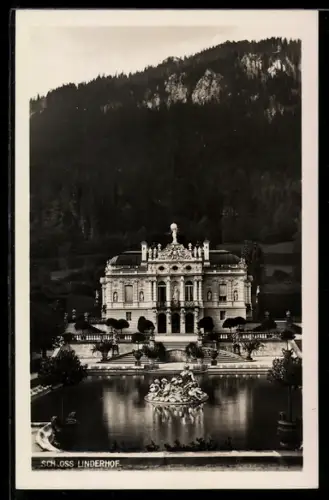 AK Schloss Lindenhof mit Gartenanlage, Brunnen und Teich
