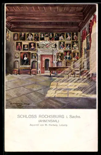 AK Schloss Rochsburg i. Sachs., Ahnensaal mit Gemälden