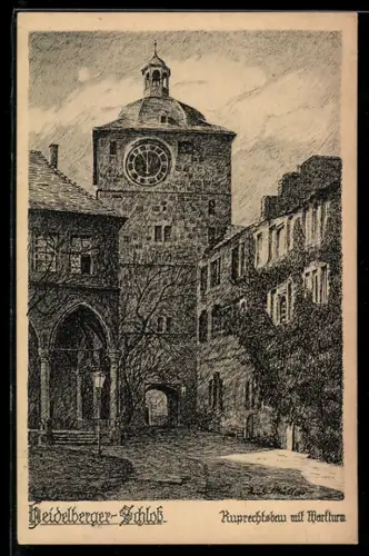 AK Heidelberg, Ruprechtsbau mit Wartturm im Schloss Heidelberg