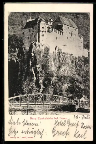 AK Bozen, Burg Runkelstein mit Klippe und Brücke