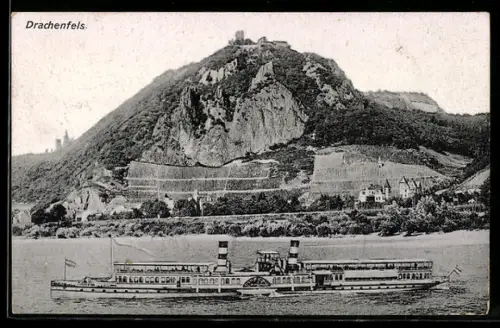 AK Burg Drachenfels mit Flussdampfer und Ort