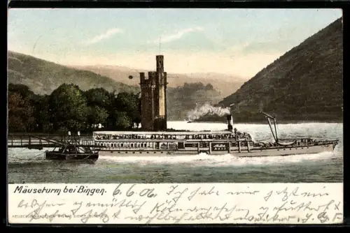 AK Rheindampfer in Fahrt vor dem Mäuseturm bei Bingen
