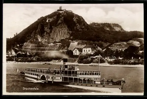 AK Burg Drachenfels mit Flussdampfer und Ortspartie
