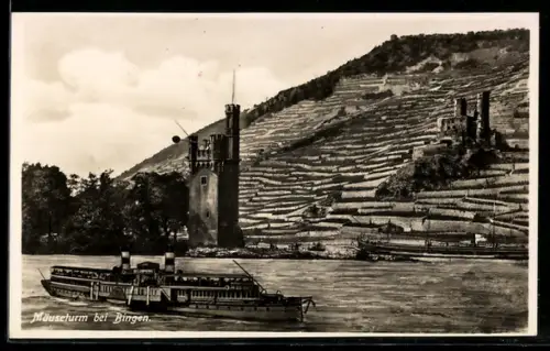 AK Bingen, Dampfer fährt am Mäuseturm vorbei