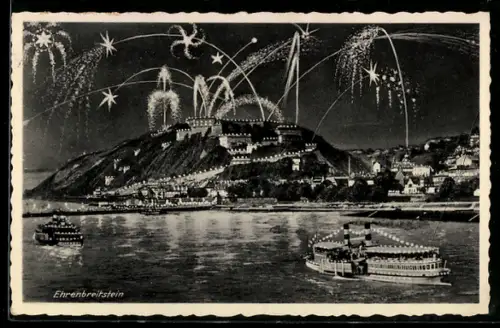 AK Festung Ehrenbreitstein mit Feuerwerk und Flussdampfer