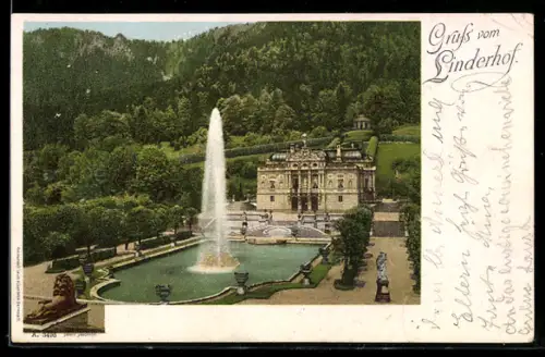 AK Schloss Linderhof, Gartenanlagen mit Springbrunnen