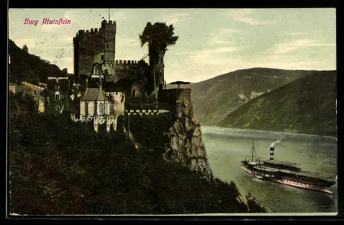 AK Burg Rheinstein mit Flussdampfer
