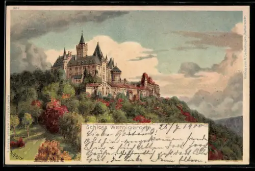 Lithographie Wernigerode / Harz, Blick zum Schloss Wernigerode