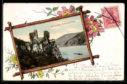 AK Schloss Rheinstein mit Flusspartie und darauf fahrenden Schiffen