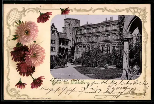 AK Heidelberg, Hof im Schloss Heidelberg, Blumen im Passepartout