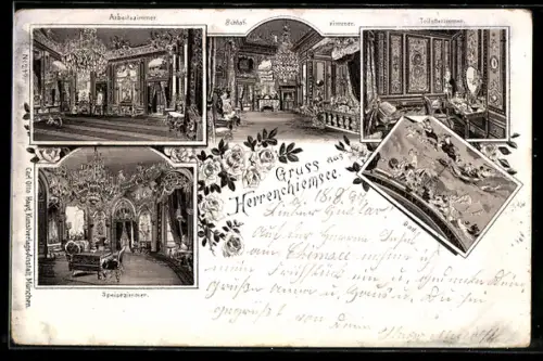 Lithographie Herrenchiemsee, Innenansichten, Arbeitszimmer, Schlafzimmer, Toilettezimmer