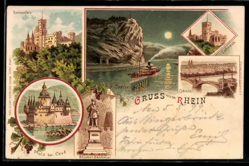 Lithographie Stolzenfels, Stolzenfels, Pfalz bei Caub, Loreley, Lahneck, Coblenz