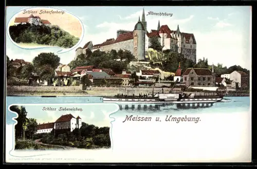 AK Meissen, Elbpartie mit Albrechtsburg und Binnenschiff, Schloss Siebeneichen, Schloss Scharfenberg