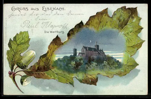 Lithographie Eisenach, Die Wartburg bei Dämmerung