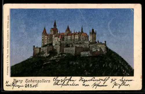 AK Burg Hohenzollern bei Nacht mit Umgebung