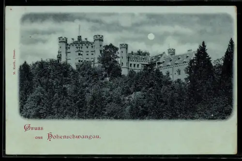 Mondschein-AK Schloss Hohenschwangau mit anliegendem Wald