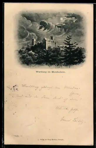 AK Wartburg im Mondschein mit umgebendem Wald