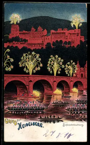 Lithographie Heidelberg, Schloss mit Bleuechtung und Feuerwerk