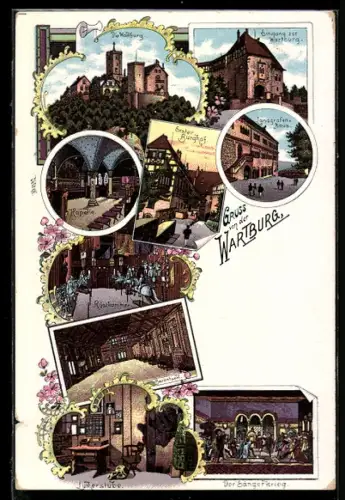Lithographie Eisenach, Wartburg, Erster Burghof, Kapelle, Rustkammer