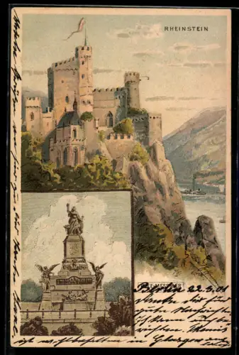 Lithographie Trechtingshausen, Burg Rheinstein, Niederwalddenkmal