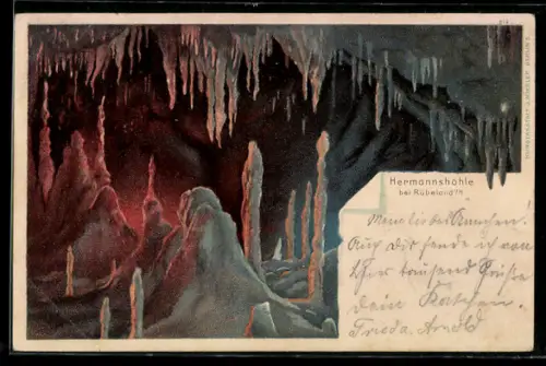 Lithographie Hermannshöhle, Stalagmiten und Stalagtiten