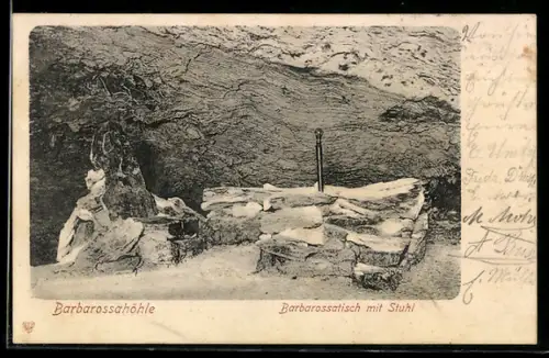 AK Barbarossahöhle, Barbarossatisch mit Stuhl, Höhle