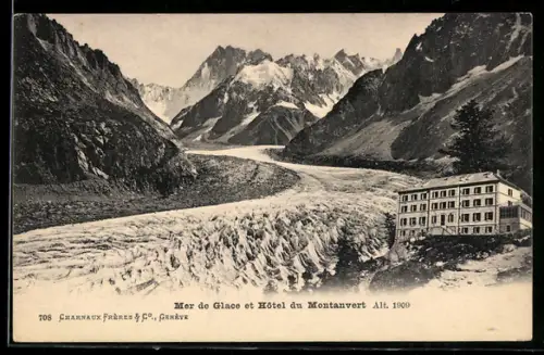 AK Mer de Glace, Hotel Montanvers neben dem Eismeer-Gletscher
