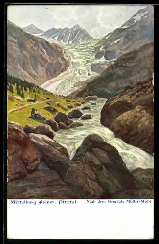 Künstler-AK Mittelberg Ferner /Pitztal, Flusspartie mit Blick zum Gletscher