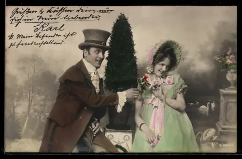 Foto-AK GL Co Nr. S. 1423: Herr im Anzug gibt einer Dame Blumen