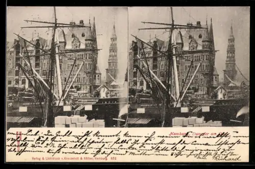 Stereo-AK Hamburg, Dampfer am Quai mit Kirchturm