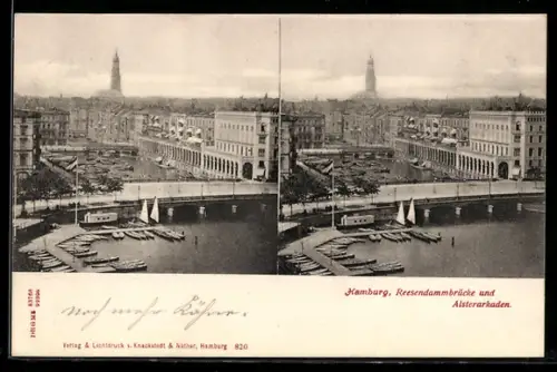 Stereo-AK Hamburg, Vogelschau auf Reesendammbrücke und Alsterarkaden