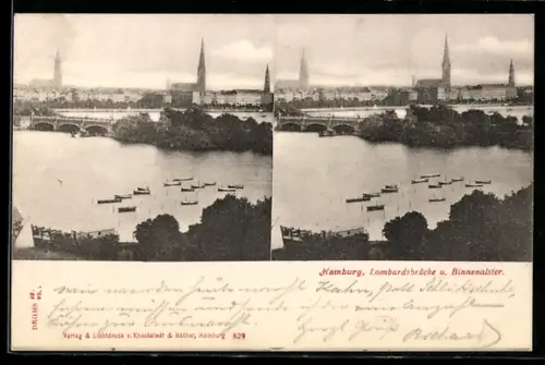 Stereo-AK Hamburg, Vogelschau auf Lombardsbrücke und Binnenalster
