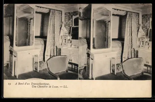 Stereo-AK A Bord d`un Transatlantique, Une Chambre de Luxe