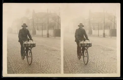 Stereo-AK Fahrradfahrer mit Milchflaschen auf einer Strasse