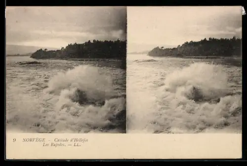 Stereo-AK Norvège, Cascade d`Hellefos, Les Rapides, Stromschnellen in Norwegen