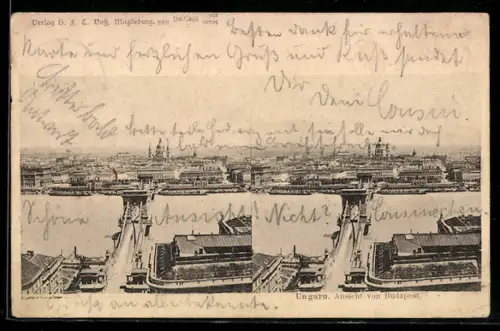 Stereo-AK Budapest, Vogelschau auf den Ort mit Brücke