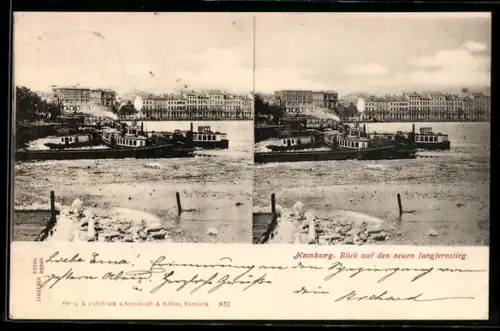 Stereo-AK Hamburg, Blick auf den neuen Jungfernstieg mit Dampfschiffen