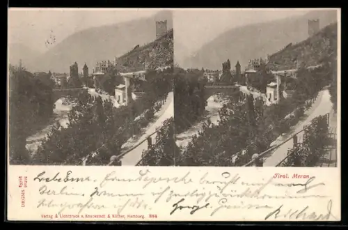 Stereo-AK Meran, Vogelschau auf den Ort mit Turm