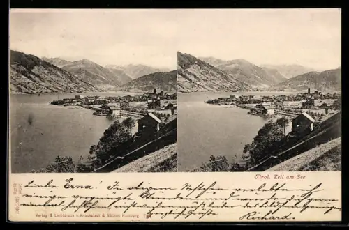 Stereo-AK Zell am See, Totalansicht mit Bergpanorama