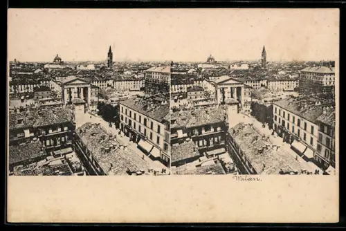 Stereo-AK Milan, Vogelschau auf den Ort mit Kirchturm
