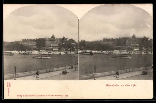 Stereo-AK Stockholm, Partie am Ufer mit Passagierschiffen