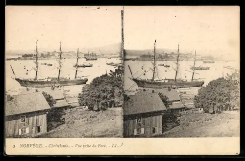 Stereo-AK Christiania, Vue prise du Fort, Dampfer