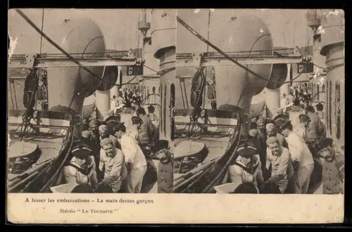 Stereo-AK A hisser les embarcations, la main dessus garcon, Matrosen an Deck eines Kriegschiffes