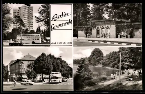 AK Berlin-Grunewald, Strassenpartie am Roseneck, Café-Terrassen Grunewald Baude, Doppeldecker-Bus und Weg am See