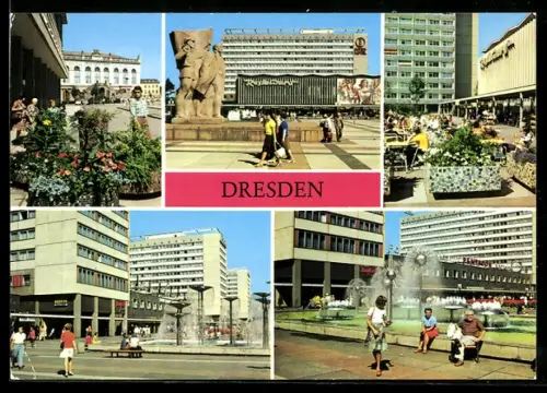 AK Dresden, Restaurant in der Prager Strasse, Prager Strasse mit Passanten