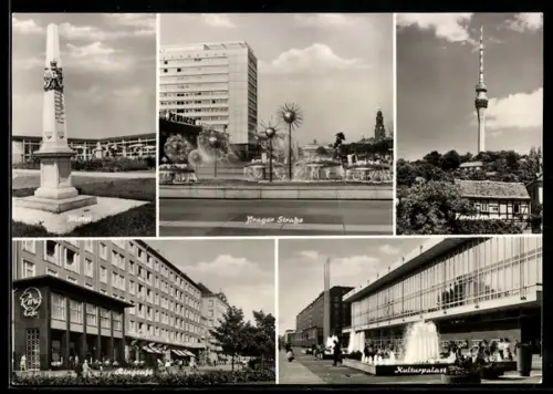 AK Dresden, Brunnen an der Prager Strasse, Fernsehturm, Kulturpalast & Ringcafe