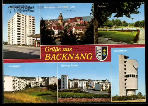 AK Backnang, Sulzbacher Strasse, Stiftskirche und Stadt-Turm, Freibad, Wasserturm, Berliner Strasse, Weststadt