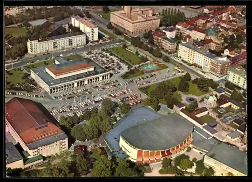 AK Karlsruhe, Luftaufnahme vom Festhallenplatz