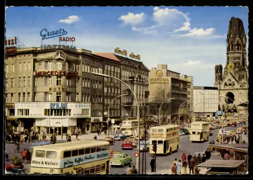 AK Berlin, Partie am Kurfürstendamm mit Gedächtniskirche, Bussen und Hotel