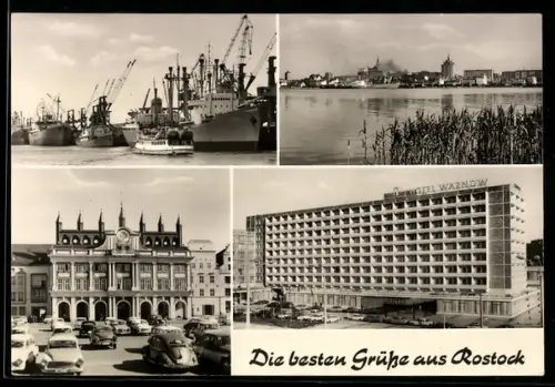 AK Rostock, Hotel Warnow, Rathaus und Hafenpartie